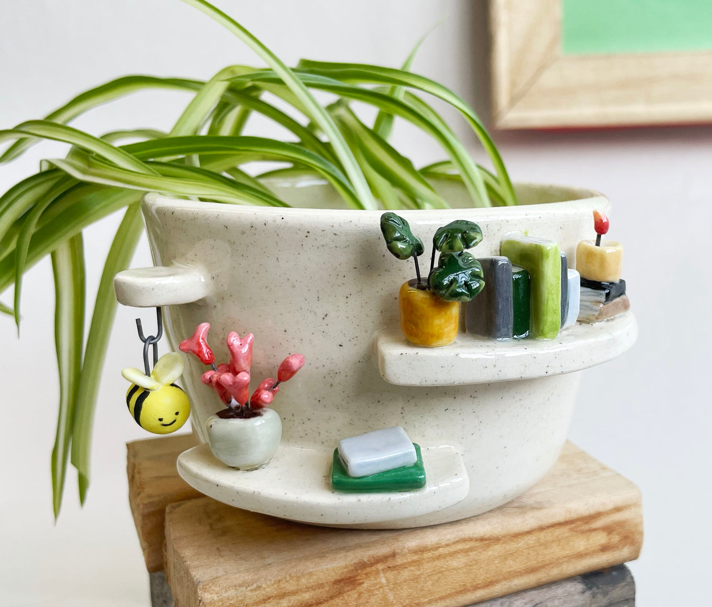 Cream planter with tiny books and plants (discounted) (small charm*)