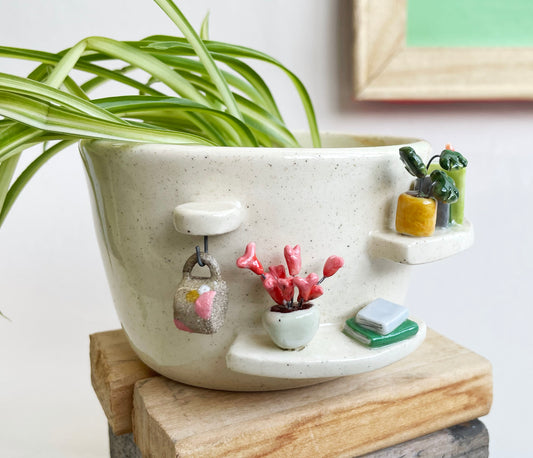 Cream planter with tiny books and plants (discounted) (small charm*)